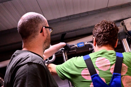 Checking the flow of the water into the mash tun.